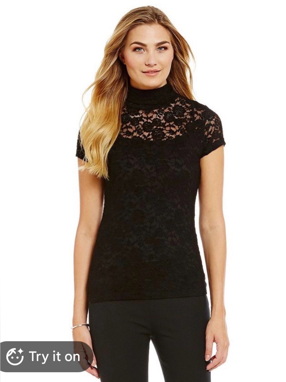 Express Black Lace Short Sleeve Mock Neck Top